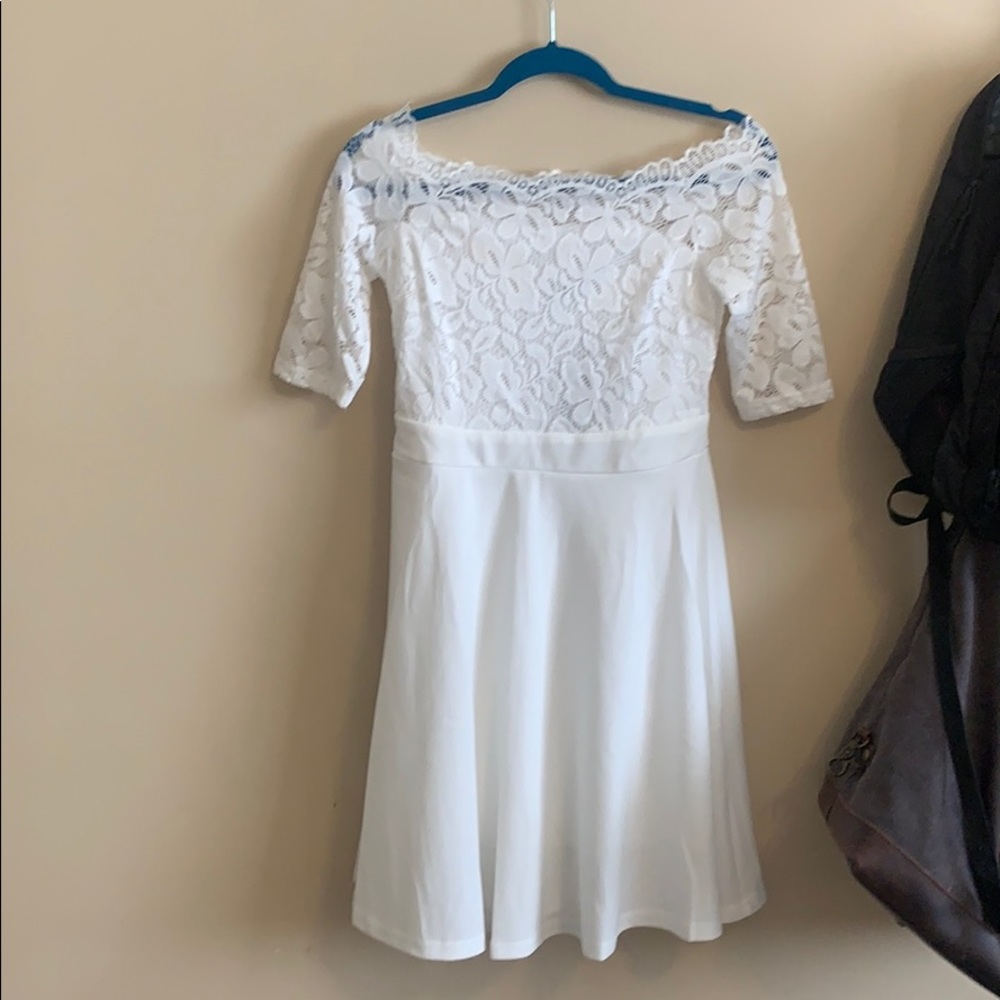 Off the Shoulder White Lace Top Fit/Flare Dress - Picture 4 of 8